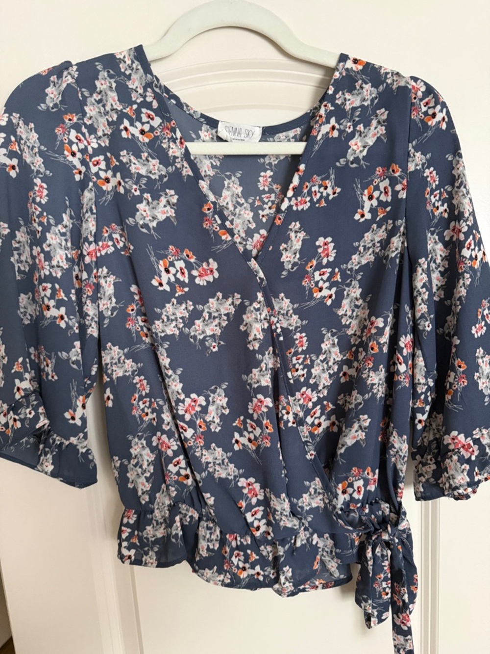 Sienna Sky Dusty Blue Floral Wrap Blouse with Pink & White Blooms